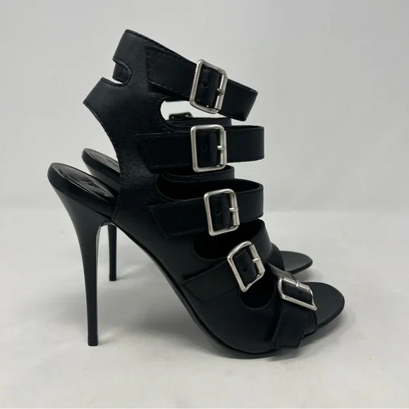 NEW Giuseppe Zanotti Buckle Strap Stiletto Heels Black Strappy Leather Size 37.5 - Picture 2 of 10